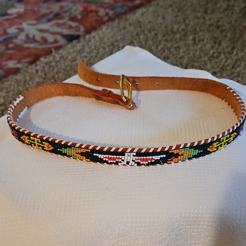 70 Vintage Kids Beaded Indian Leather Belt with Multicolor Design Sz 33"